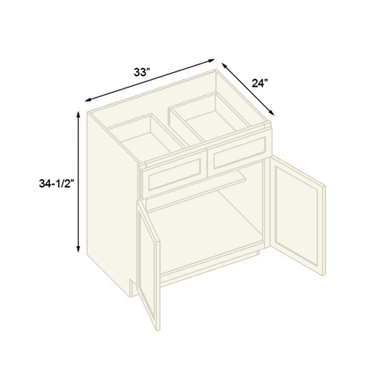 B33 Ready to Ship Cabinets Soft Edge 2 Door Base Cabinet with 2 Drawers and Shelf, 33" W x 34 1/2" H x 24" D inch