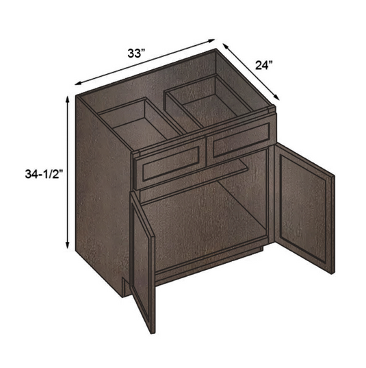 B33 Ready to Ship Cabinets Soft Edge 2 Door Base Cabinet with 2 Drawers and Shelf, 33" W x 34 1/2" H x 24" D inch