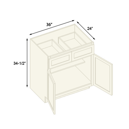 B36 Ready To Ship Cabinets Soft Edge 2 Door Base Cabinet with 2 Drawers and Shelf, 36" W x 34 1/2" H x 24" D inch