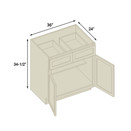 B36 Ready To Ship Cabinets Soft Edge 2 Door Base Cabinet with 2 Drawers and Shelf, 36" W x 34 1/2" H x 24" D inch