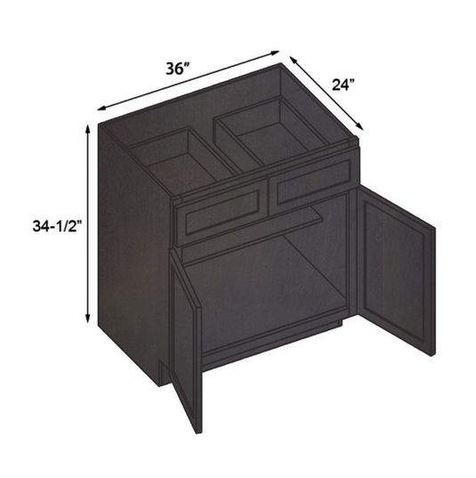 B36 Ready To Ship Cabinets Soft Edge 2 Door Base Cabinet with 2 Drawers and Shelf, 36" W x 34 1/2" H x 24" D inch