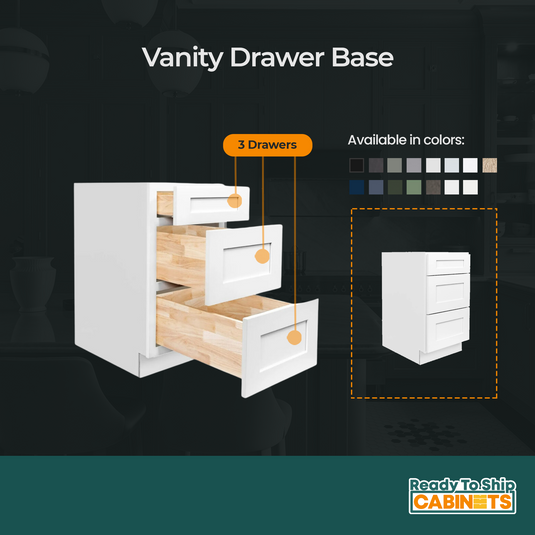 VDB15 Soft Edge 3 Drawer Vanity Cabinet, 15W x 34.5H x 21D inch