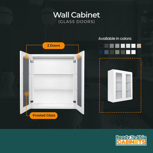 Wall Cabinet 2 Glass Doors, 2 Shelves 30" W x 36" H x 12" D