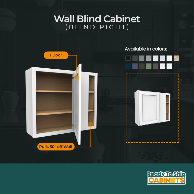 Load image into Gallery viewer, WBC3030 Wall Blind Cabinet 1 Door, Shown Blind Right 30&quot; W x 30&quot; H x 24&quot; D
